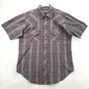 Plainsman Western Shirt Mens Large Purple Blue Plaid Short Sleeve Pearl Snap